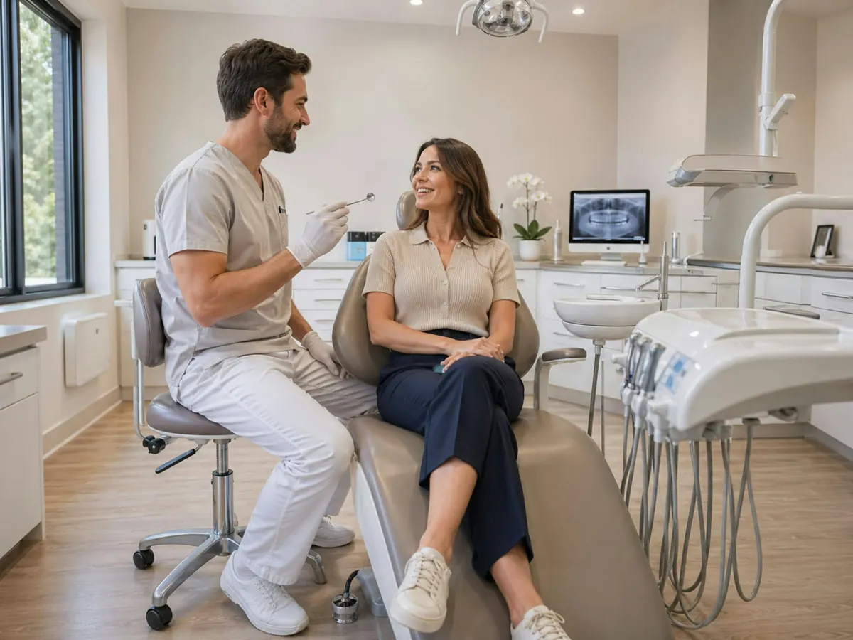 A dentist talking with a smiling patient in a bright treatment room
